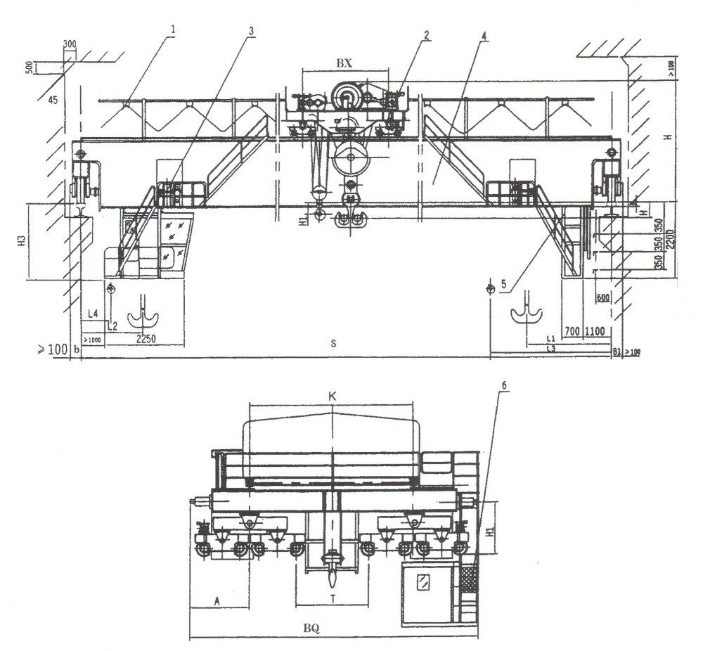 QD型吊鉤橋式起重機(jī)外形尺寸圖（125/32、160/50、200/50、250/50噸）